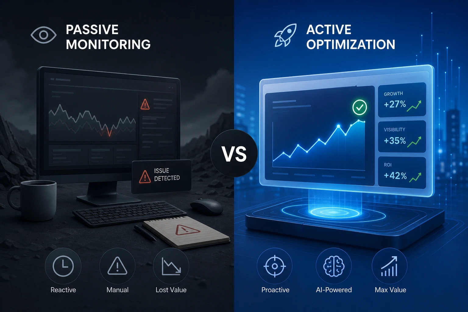 split screen showing a dashboard on the left and an automated code deployment on the right, modern SaaS interface