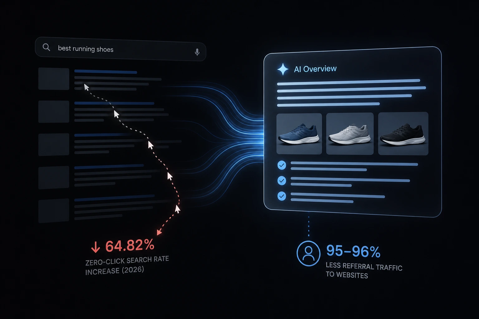 flat vector illustration of a mobile phone screen showing an AI overview pushing traditional links down, neutral background