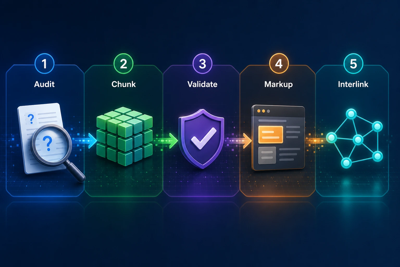 flat vector illustration of a five-step process flow with arrows connecting distinct document blocks, neutral background