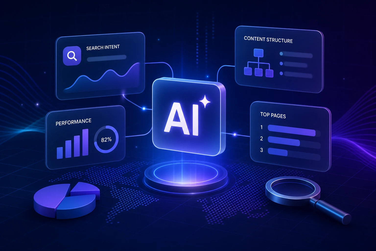 Three-step automated workflow diagram showing content ingestion, AI optimization, and publishing, flat vector illustration on neutral background