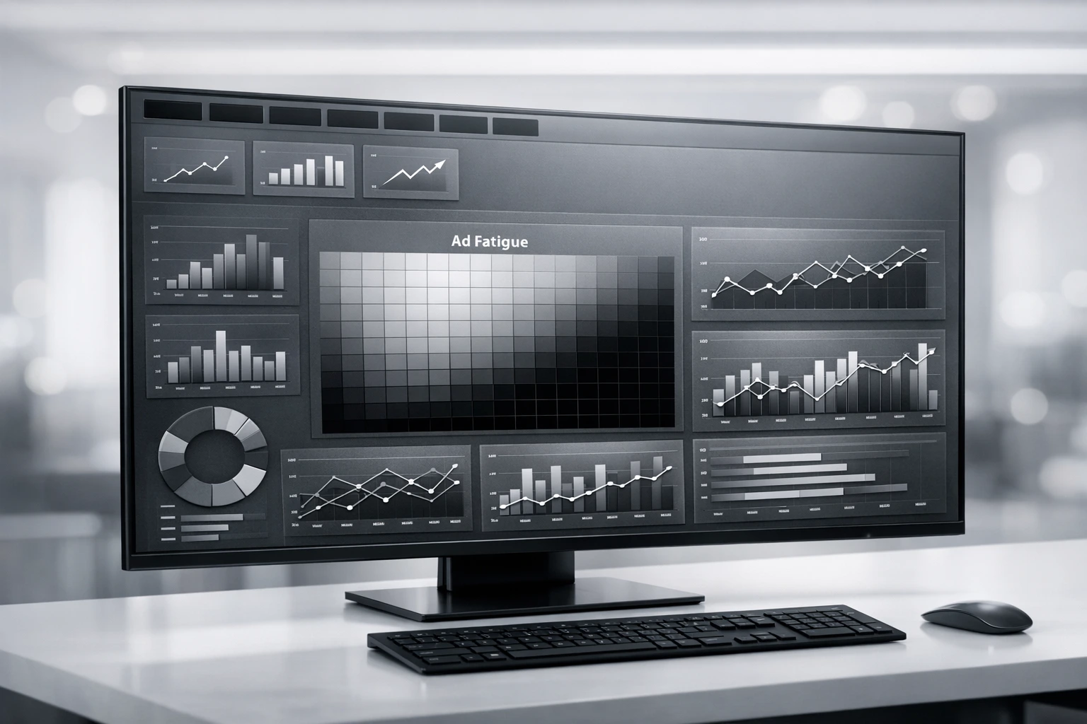 AI marketing analytics dashboard showing performance metrics and ad fatigue