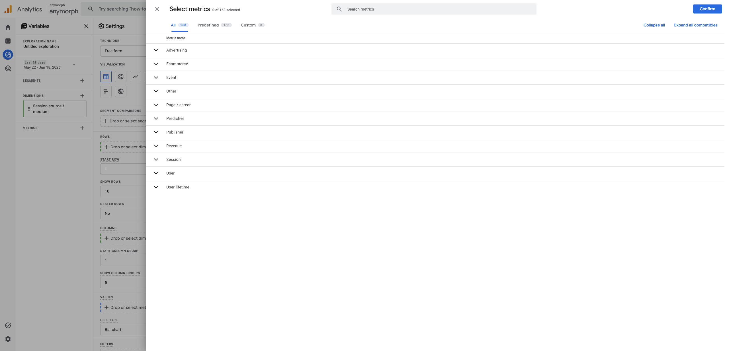 Add metric dialog in GA4 Explore