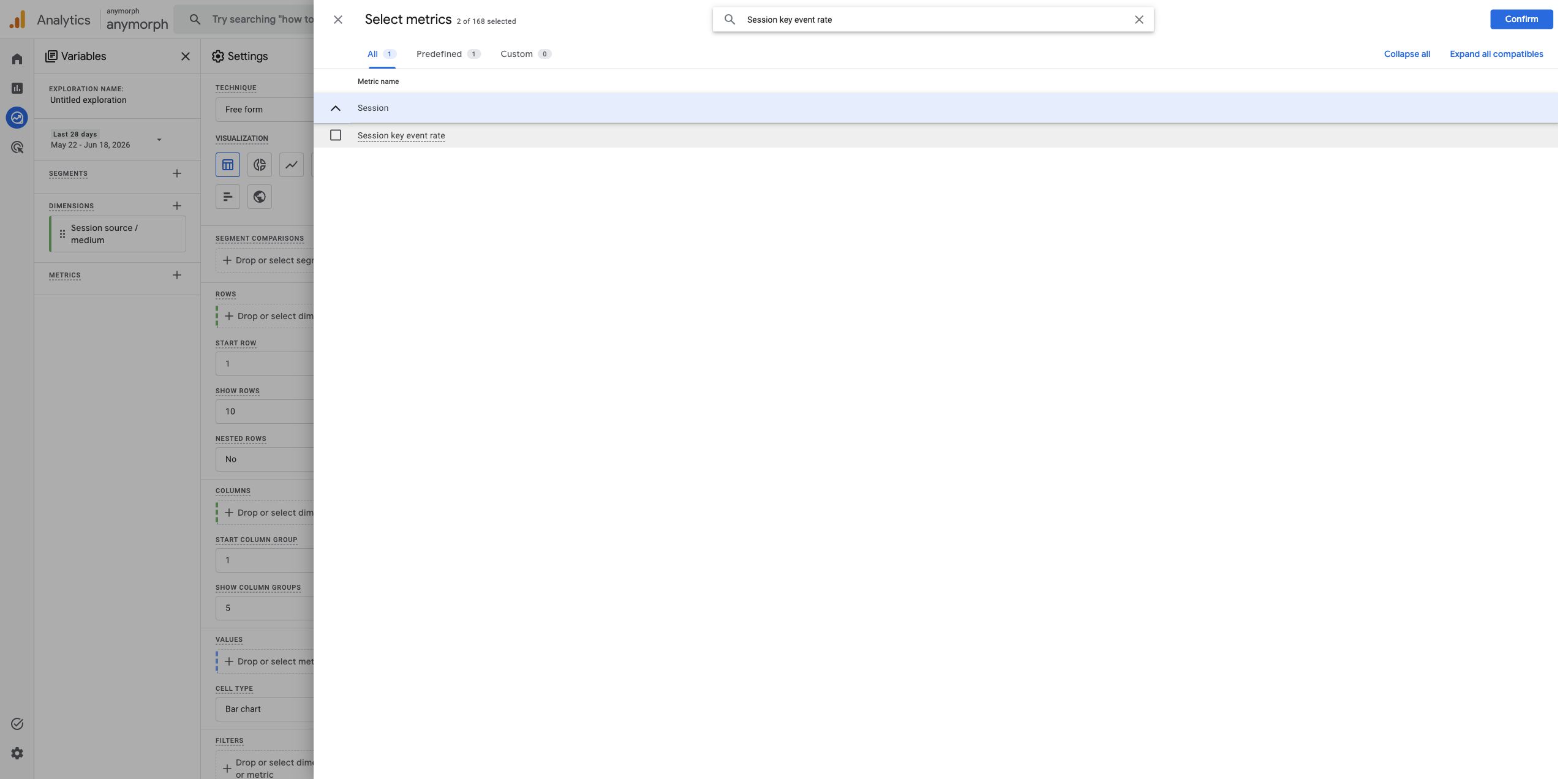 Search result for Session key event rate metric