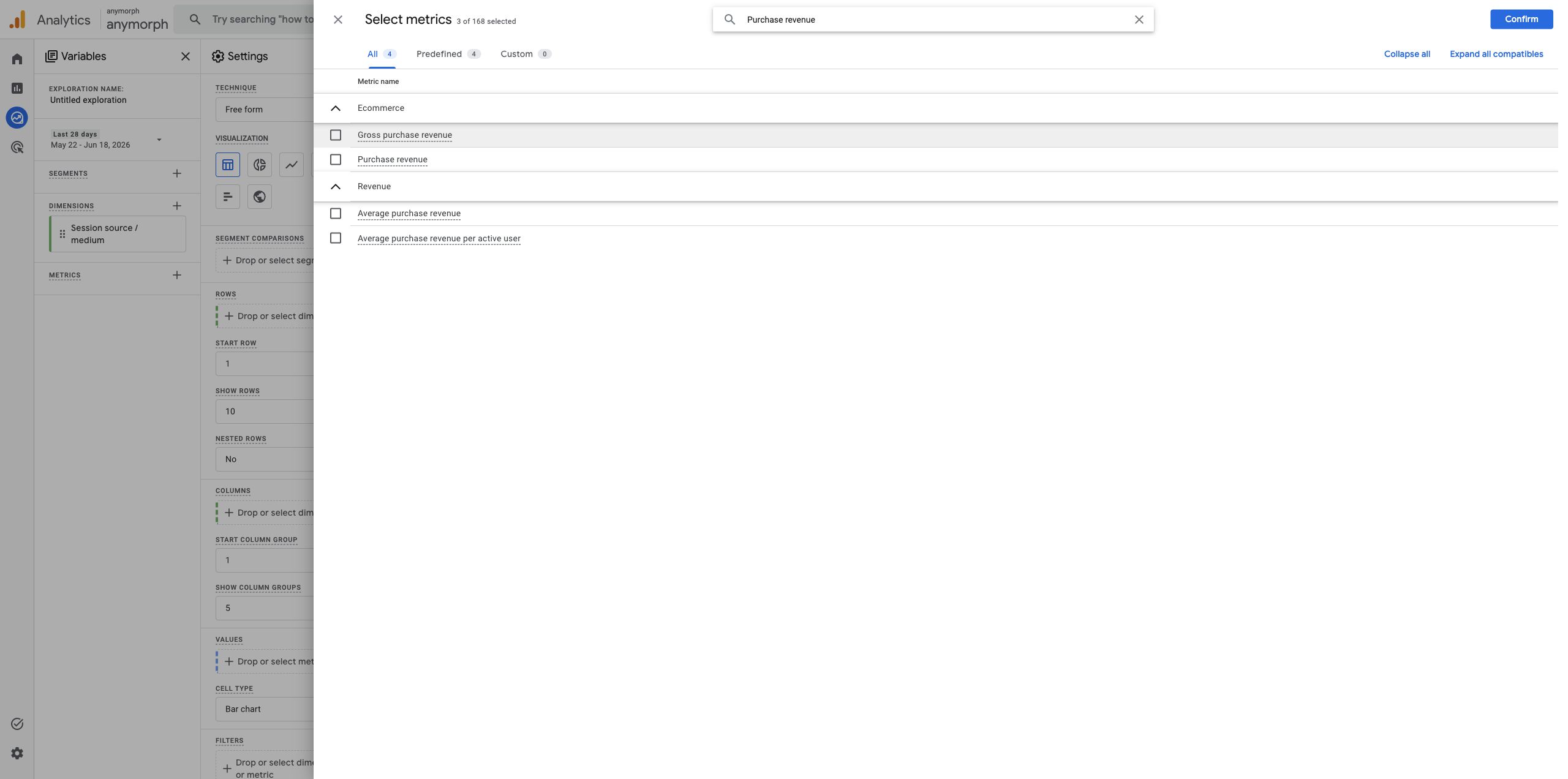 Search result for Purchase revenue metric