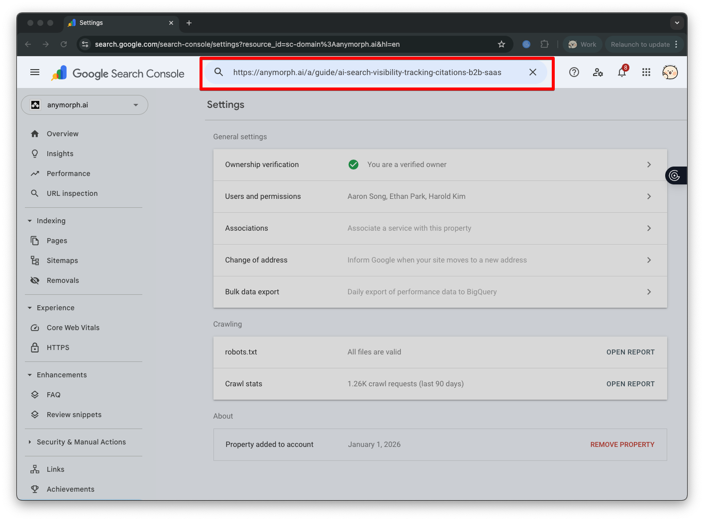 Entering a URL in the URL Inspection tool