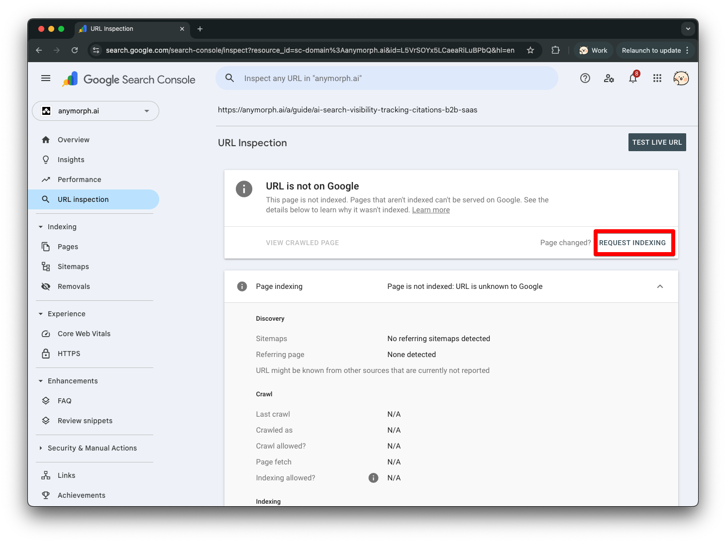 URL is not on Google message with Request Indexing button