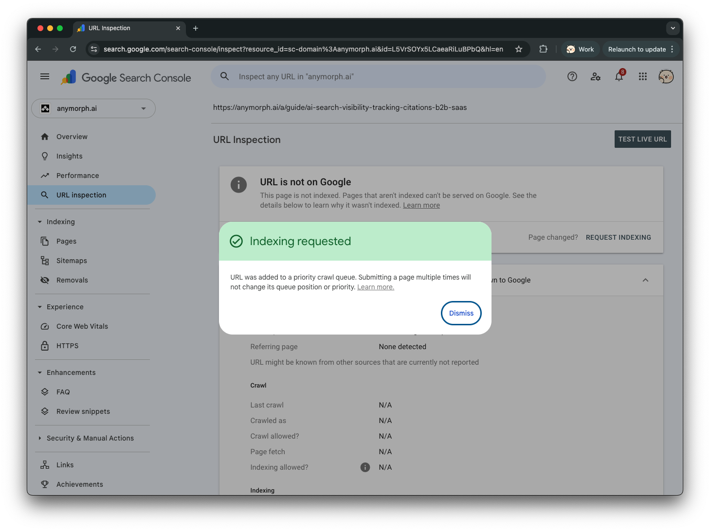 Indexing requested confirmation message