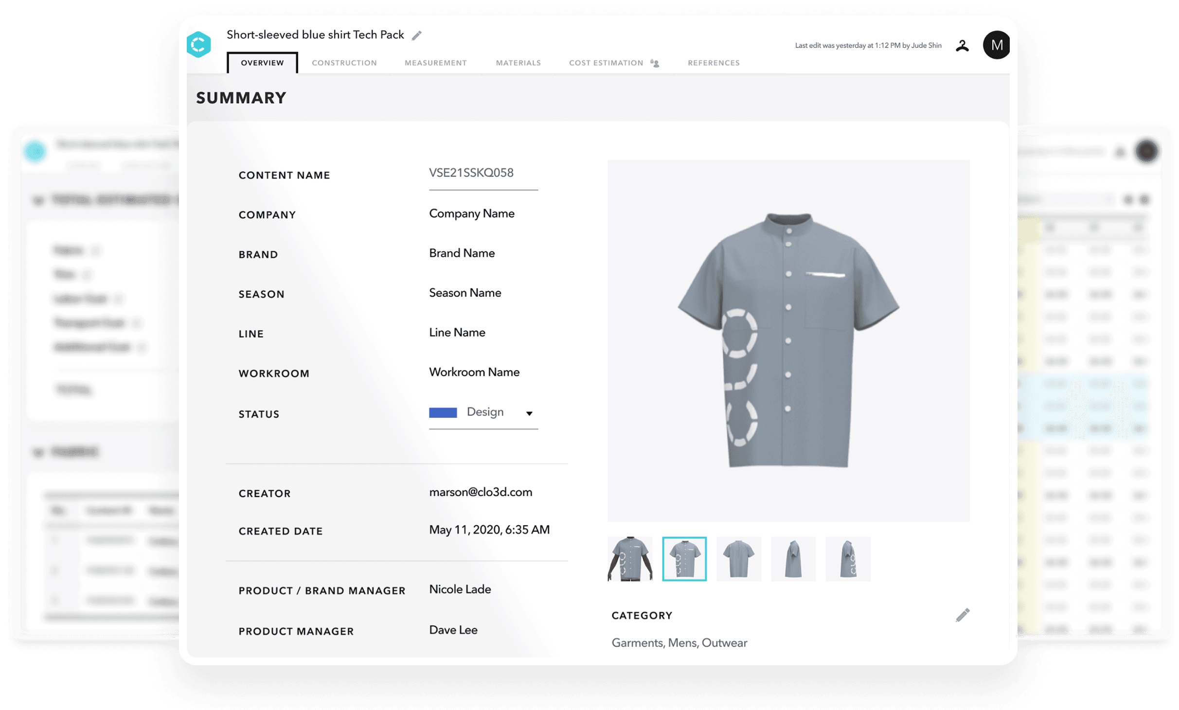Tech pack overview screen for fashion production handoff