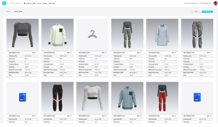 Digital product catalog interface showing apparel items with specifications
