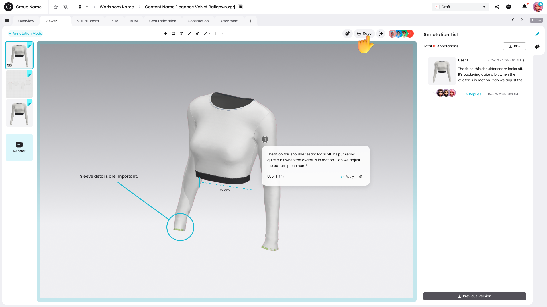 3D fashion platform collaboration workflow with product annotations