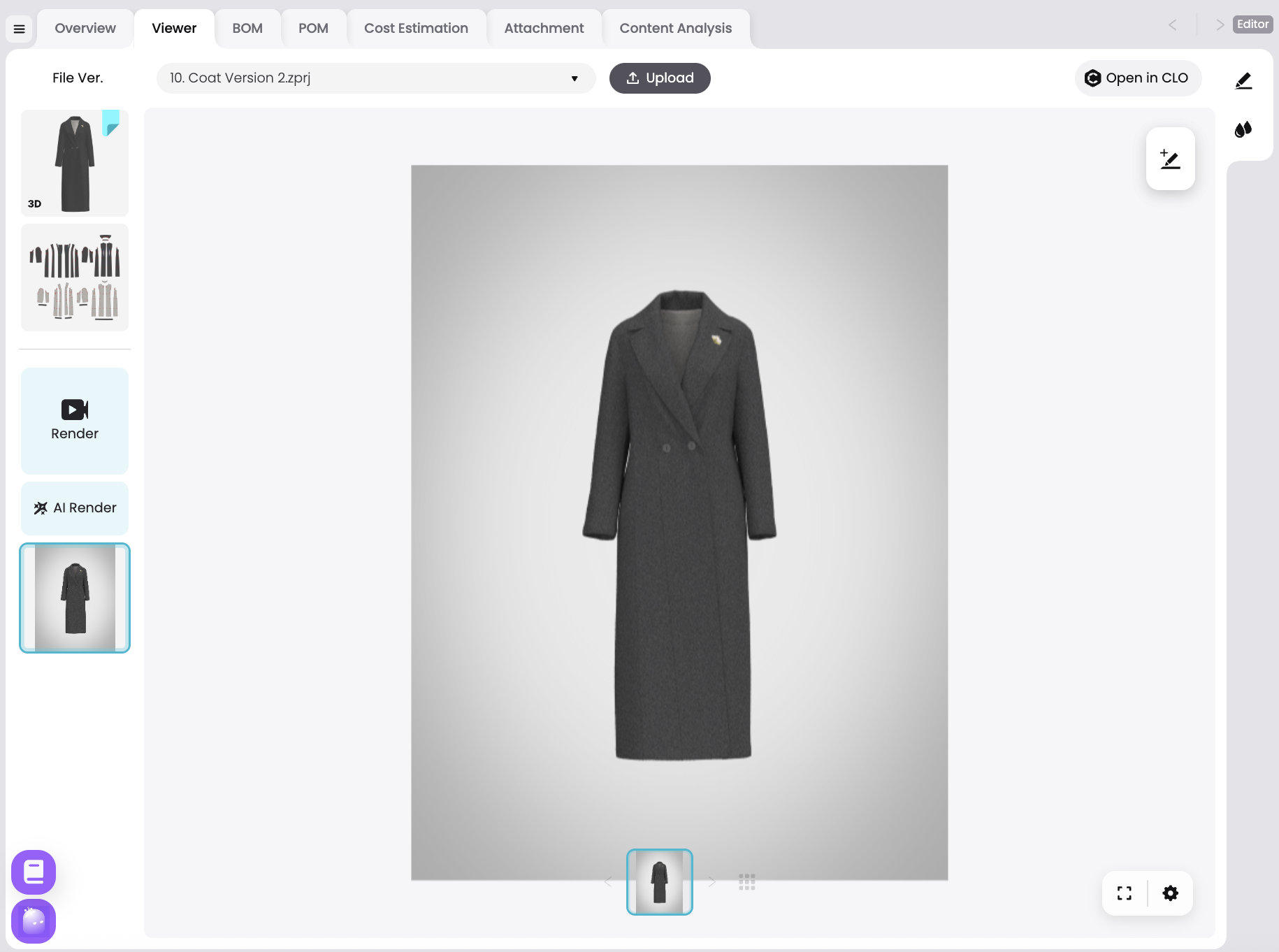 A rendered grey coat displayed in a 3D fashion design interface for garment review