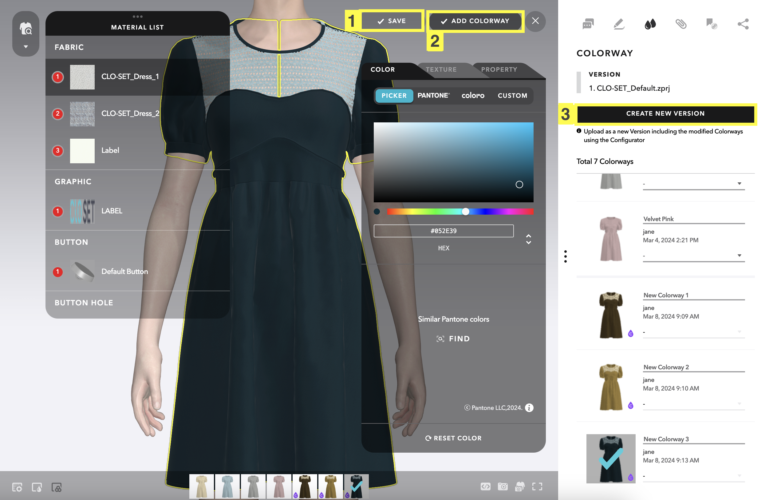 CLO3D interface showing a dress design project with material, color, and version management panels