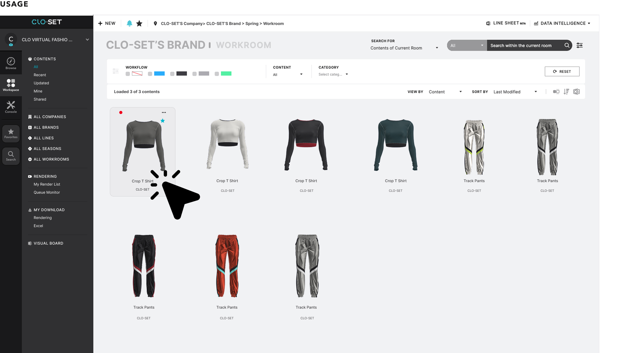 Digital workspace interface showing a grid of 3D garment previews for coordinated review