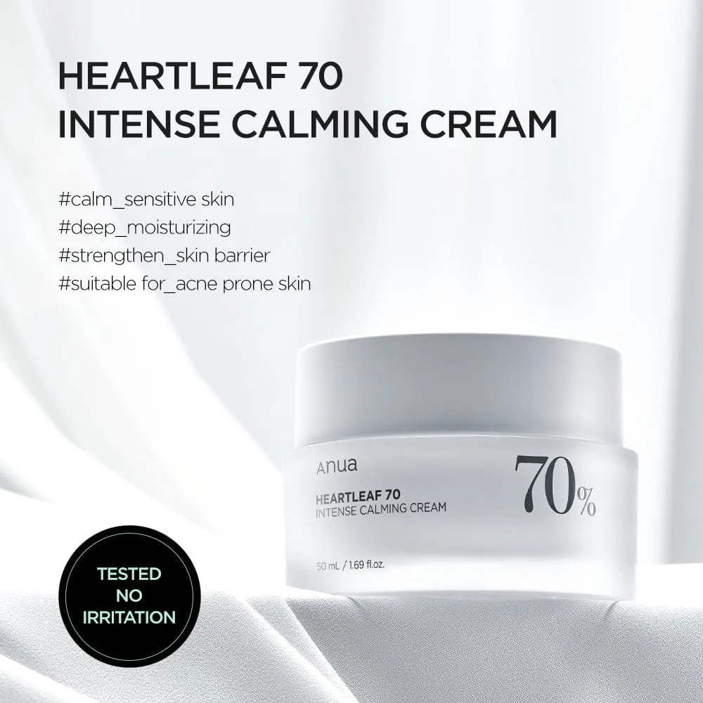 Anua Heartleaf 70% Intense Calming Cream packaging with sensitive skin and barrier support claims
