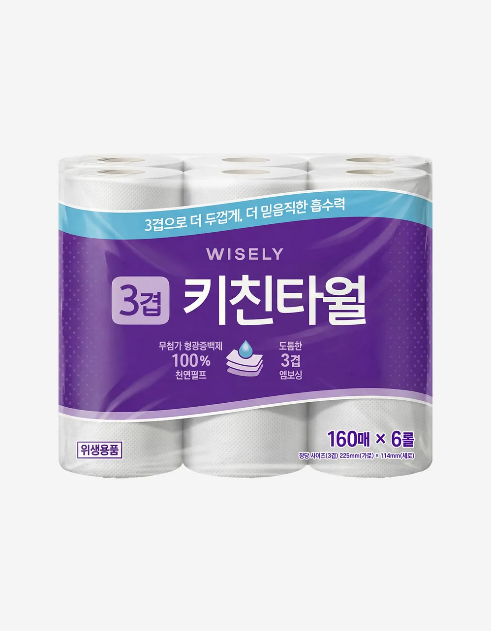 두꺼운 3겹 천연펄프 키친타월 (160매*6롤)
